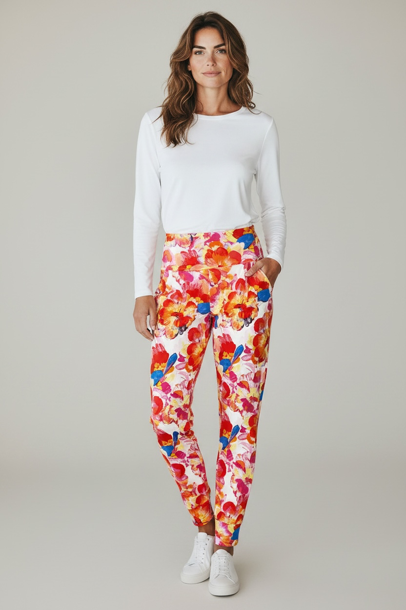 Front view of Botanical Bloom jogger pants in coral pink and cobalt leafy print – Just Jacksy