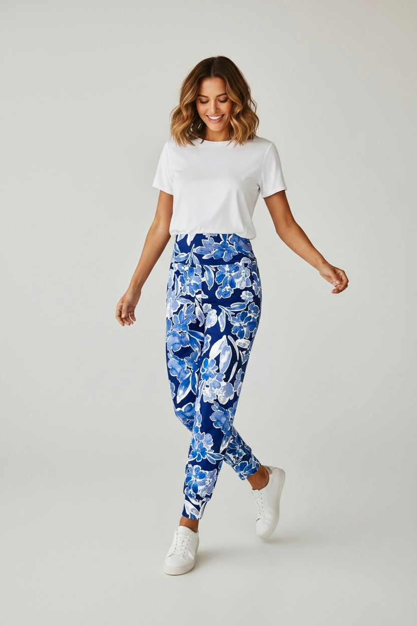 Front view of Cobalt Leaves jogger pants in navy leafy print – Just Jacksy