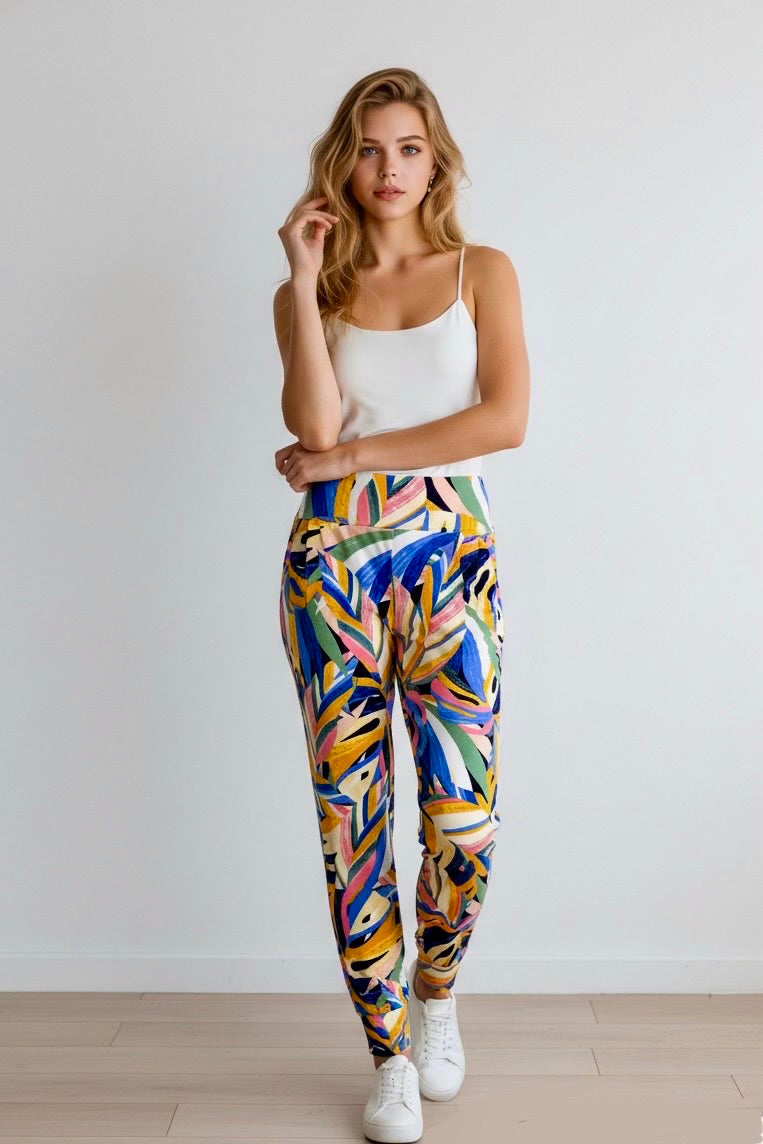 Front view of Leafy Trail jogger pants in colourful abstract leaf print – Just Jacksy
