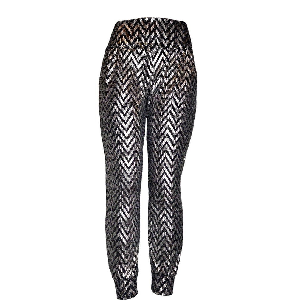 Front view of Sequined Zig-Zag jogger pants in black with sequin detail – Just Jacksy