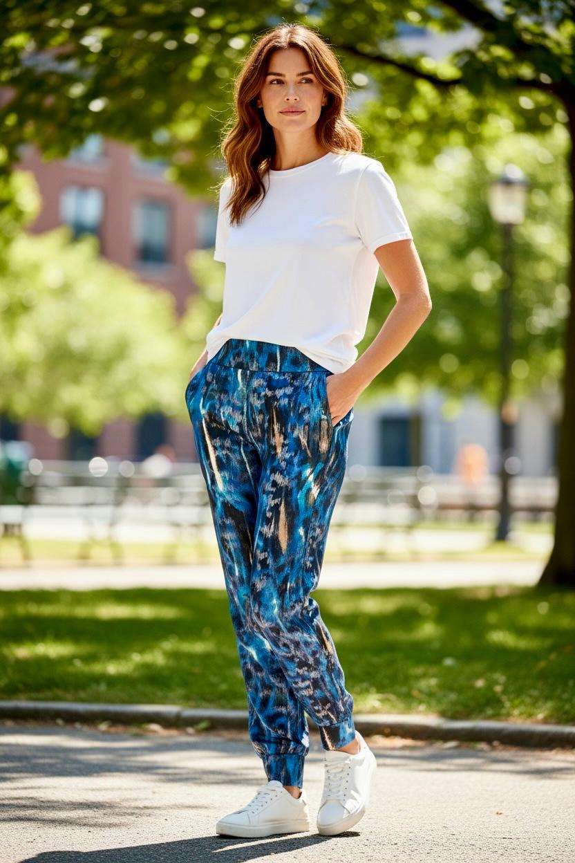 Front view of Ziggy Splash blue and silver-fleck jogger pants – Just Jacksy